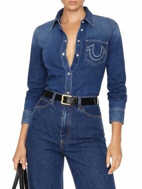 True Religion Western Denim Button-Down Shirt Blue Jean Medium NWT​